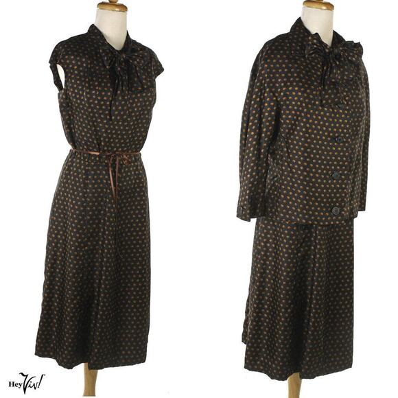 Vintage 60s Charles Cooper Couture Dress w Jacket Black Brown Silk Sm - Hey Viv - Picture 1 of 8